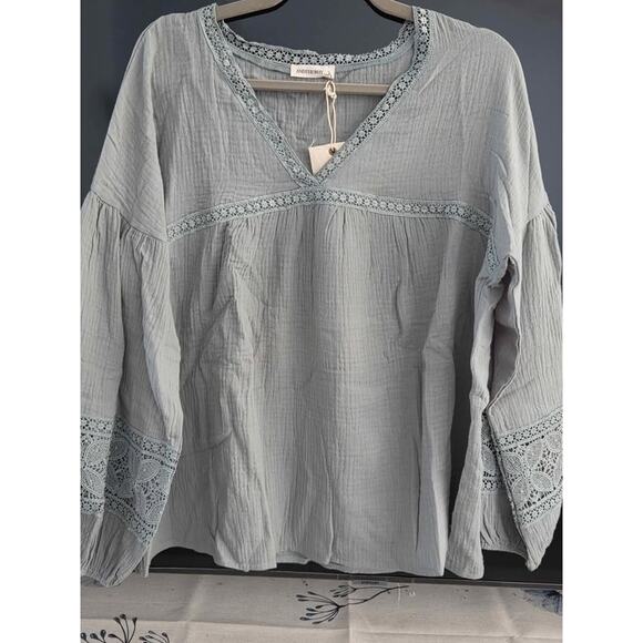 "Sage Serenity – Boho Lace-Trim Peasant Top" - Picture 1 of 4